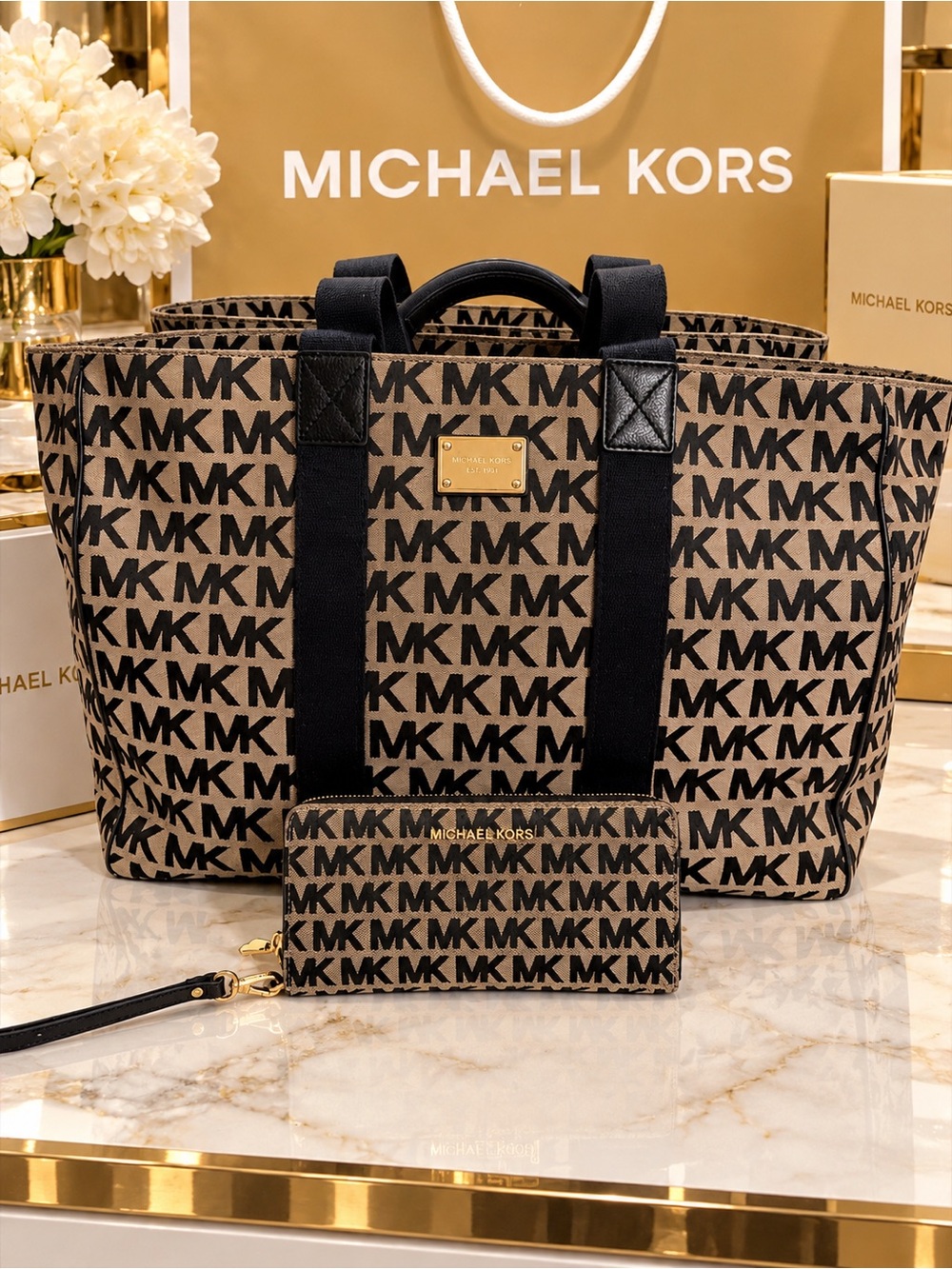 Michael Kors Brown & Black MK Logo Duffel Tote with Matching Wallet